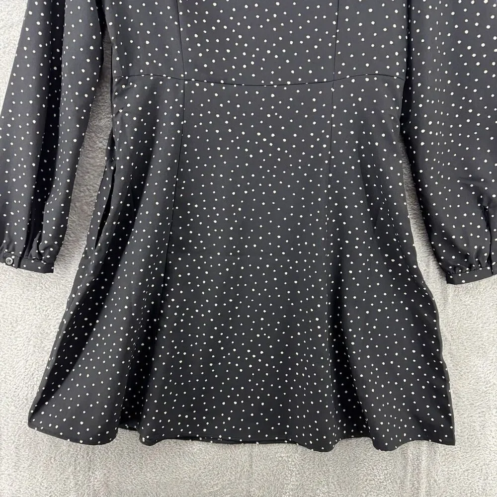Uniqlo Dress M Black Polka Dots Babydoll V-Neck Ballon Sleeve Knee Length Pocket
